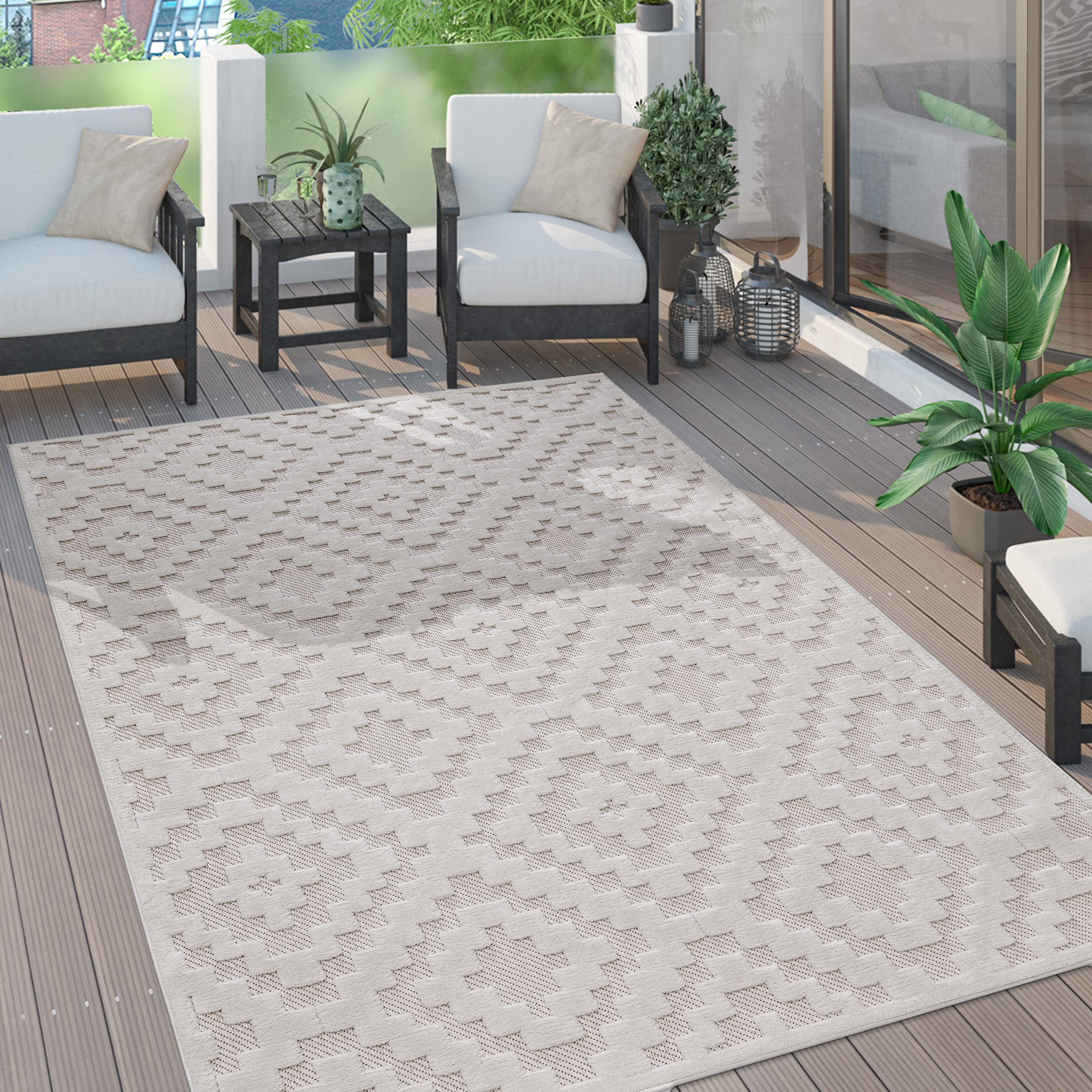 Paco Home Indoor Outdoor Rug with Textured Diamond Pattern in Cream, Size: 5'3" x 7'3"