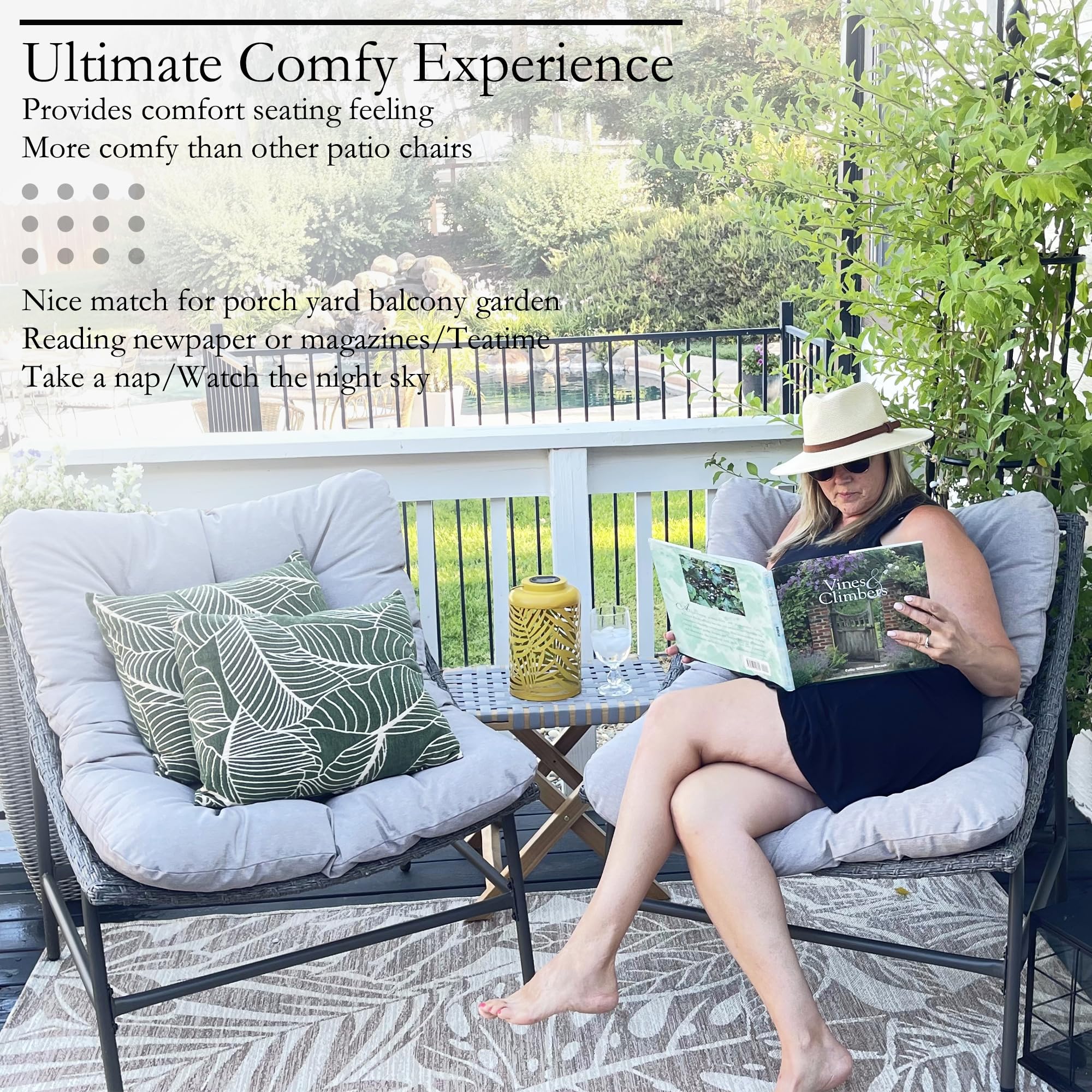 Sophia & William Outdoor Papasan Chairs with Cushion and Frame, Patio Rattan Club Scoop Chairs with 3.9" Cushions, Oversized Padded Lounge Chairs Set of 2, 350Ibs Capacity, Indoor & Outdoor Use