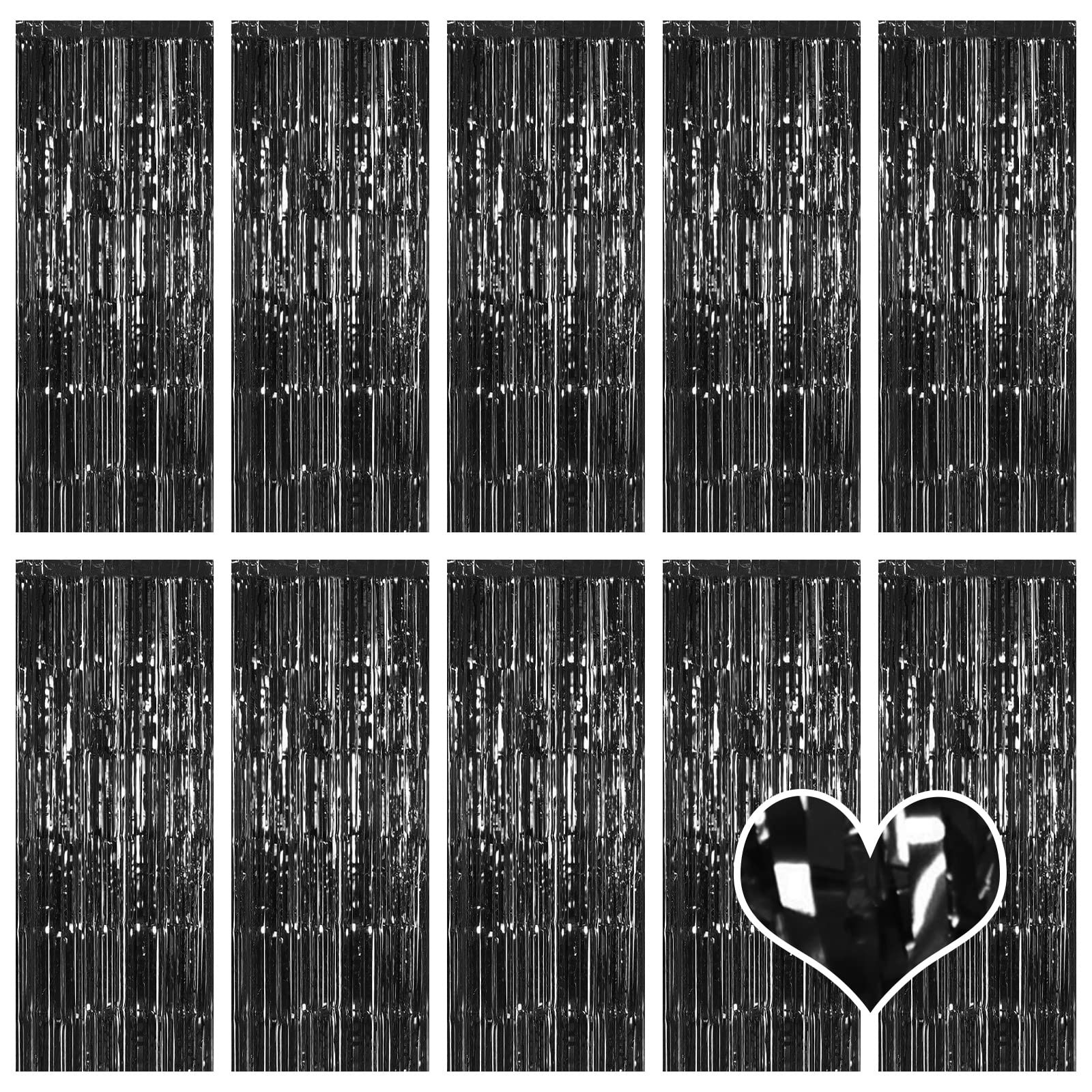 10 Pack Black Backdrop Curtain 3.2ft x 8.2ft Metallic Tinsel Foil Fringe Curtains Photo Booth Background for Birthday Party Decoration Baby Shower Engagement Wedding Christmas Decoration (Black)