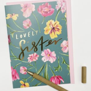 Old English Co. Lovely Sister Birthday Card for Her - Cute Gold Foil Flower Card for Sister from Sibling - Birthday Card for Women | Blank Inside with Envelope