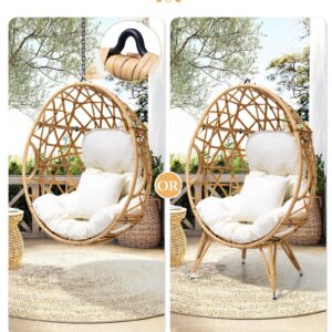 Crestlive Products Patio Wicker Egg Chair with Cushion and Pillow, Oversized Rattan Hanging Basket Lounge Chair with Legs, Teardrop Cuddle for Indoor Outdoor Bedroom Garden Deck Balcony (Beige)