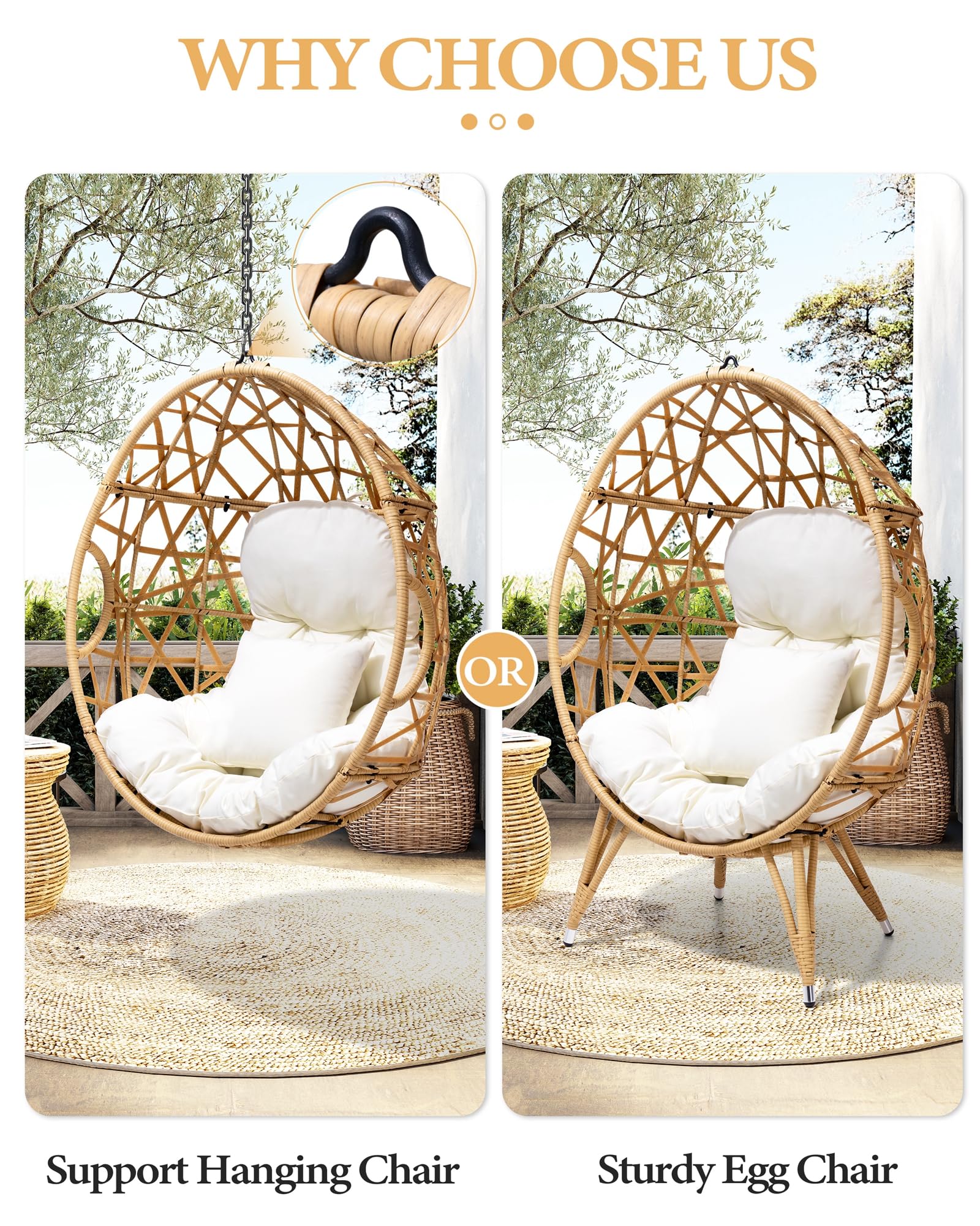 Crestlive Products Patio Wicker Egg Chair with Cushion and Pillow, Oversized Rattan Hanging Basket Lounge Chair with Legs, Teardrop Cuddle for Indoor Outdoor Bedroom Garden Deck Balcony (Beige)