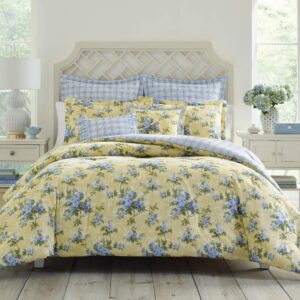 laura ashley - queen duvet cover set, reversible cotton bedding with matching shams, includes bonus euro shams & throw pillow covers (cassidy yellow, queen)