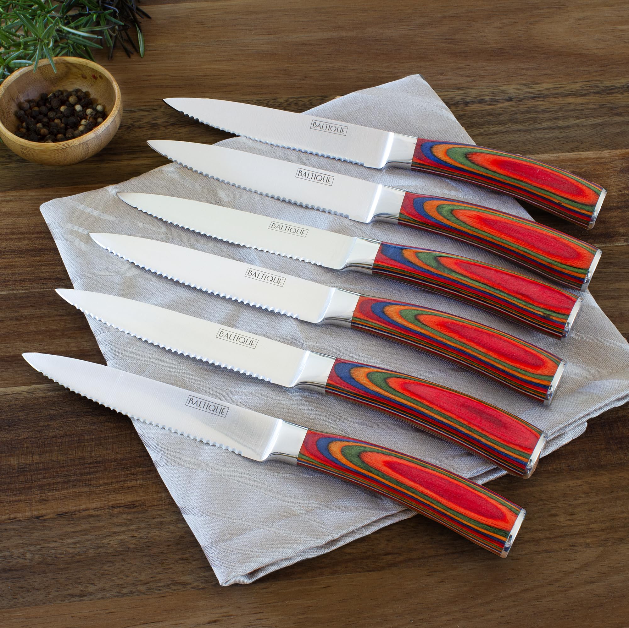 Baltique Marrakesh Collection Kitchen Steak Knives Set of 6, 5-Inch Stainless Steel Serrated Knife Set with Colorful Wooden Handles for Cutting Meat