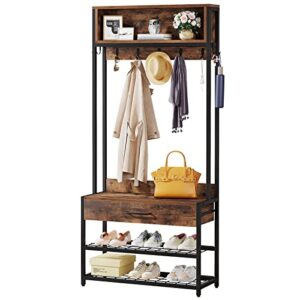 little tree 4-in-1 entryway hall tree with drawer, industrial coat rack with shoe bench, shoe storage rack, hutch and 9 hooks, rustic brown