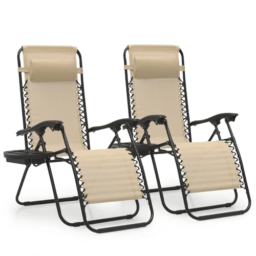 MoNiBloom Zero Gravity Chairs Set of 2 Outdoor Folding Patio Lounge Chairs for Outside Reclining Lawn Chairs Recliner Beach Chairs for Adults, Cream