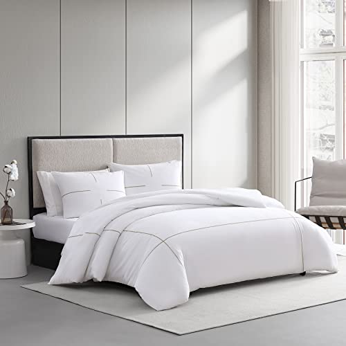 Vera Wang- Queen Duvet Cover Set, Reversible Cotton Bedding Set with Matching Shams, Designer Home Décor (Zig Zag White/Beige, Queen)