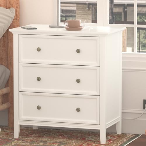 IKENO Nightstand with 3 Drawers and Charging Station, Solid Wood Dresser Organizer for Bedroom