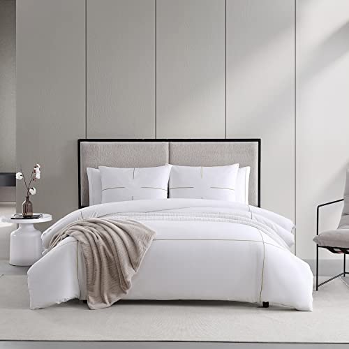 Vera Wang- Queen Duvet Cover Set, Reversible Cotton Bedding Set with Matching Shams, Designer Home Décor (Zig Zag White/Beige, Queen)