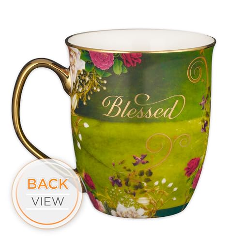 Christian Art Gifts Blue Peacock Ceramic Coffee Mug with Gold Accents – 14 oz. Lead and Cadmium-free Inspirational Scripture Coffee and Tea Mug for Women & Men with Bible Verse: Blessed –Jeremiah 17:7