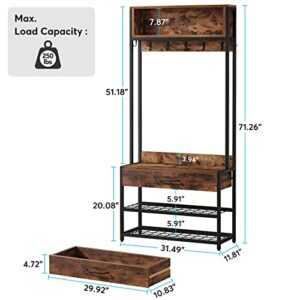 LITTLE TREE 4-in-1 Entryway Hall Tree with Drawer, Industrial Coat Rack with Shoe Bench, Shoe Storage Rack, Hutch and 9 Hooks, Rustic Brown