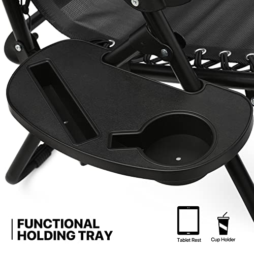 MoNiBloom Table and Patio Chairs Set of 3, Outdoor Adjustable Zero Gravity Folding Breathable Mesh Reclining Lounge Chairs with Pillow and Side Tray, 330lbs Capacity - Black