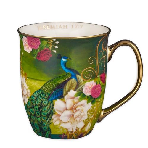 Christian Art Gifts Blue Peacock Ceramic Coffee Mug with Gold Accents – 14 oz. Lead and Cadmium-free Inspirational Scripture Coffee and Tea Mug for Women & Men with Bible Verse: Blessed –Jeremiah 17:7