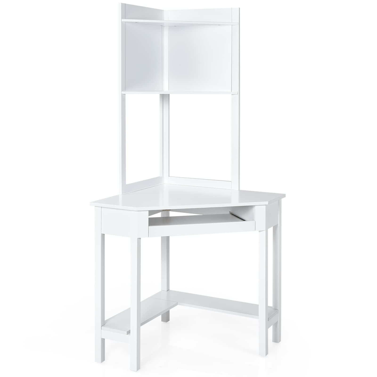 IFANNY Corner Computer Desk with Hutch, Triangle Corner Desk w/Keyboard Tray and Bookshelves, Corner Writing Desk with Storage Shelves, Small Corner Desks for Small Spaces (White)