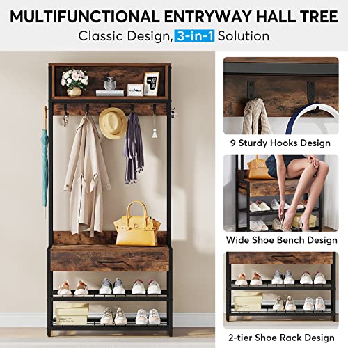 LITTLE TREE 4-in-1 Entryway Hall Tree with Drawer, Industrial Coat Rack with Shoe Bench, Shoe Storage Rack, Hutch and 9 Hooks, Rustic Brown