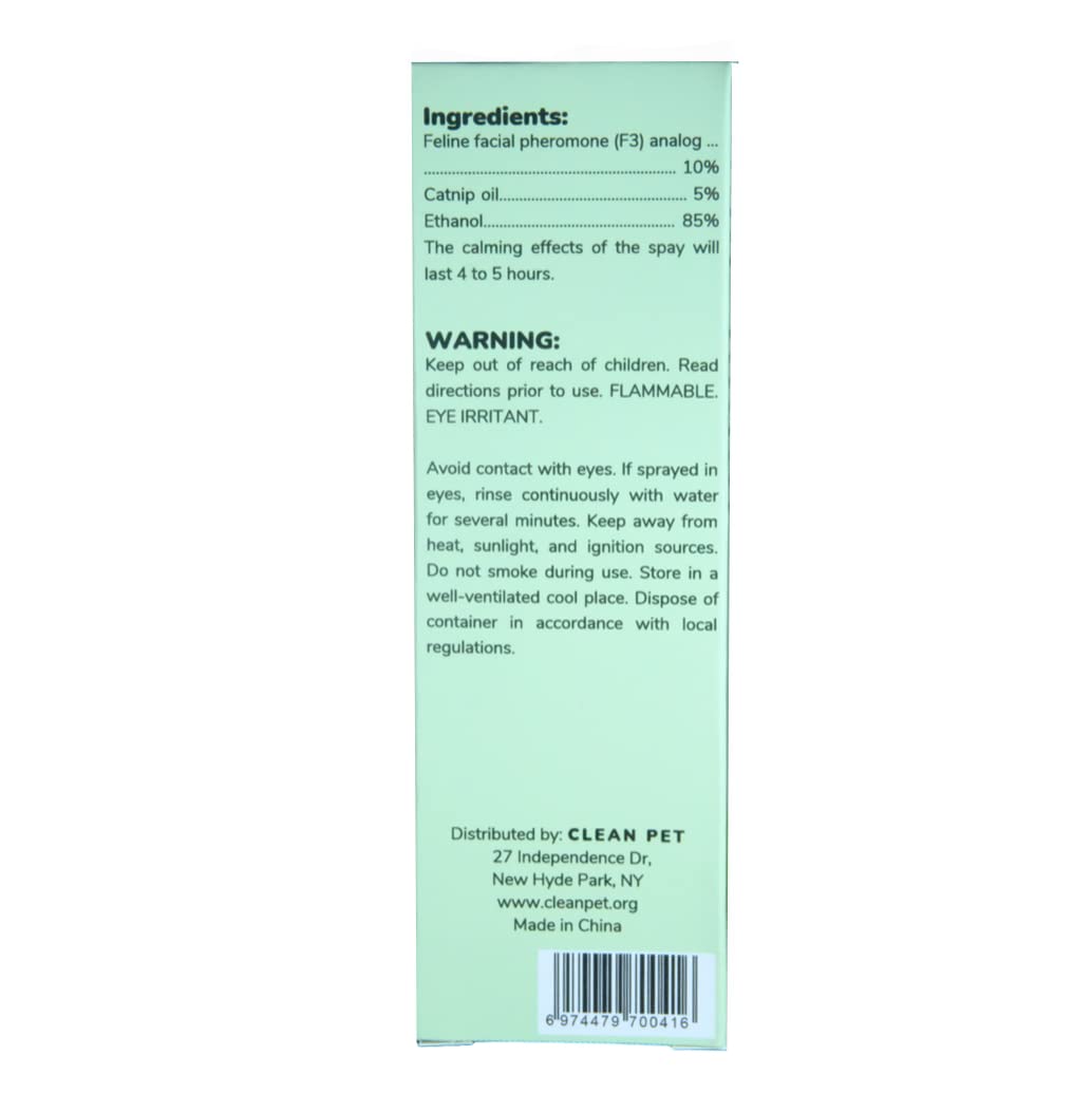 Clean Pet Cat Relaxant Pheromone Spray - for Cats & Kitties - Reduces Stress and Anxiety - Stops Spraying Scratching & Other Problematic Behaviors - Scented & Unscented (Catnip)