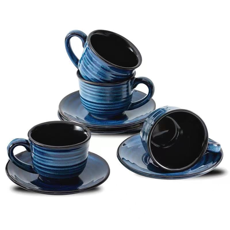 Hasense Espresso Cups Set of 4, 4 Ounce Ceramic Cappuccino Cup with Saucers, Small Coffee Mugs for Espresso Shots, Cappuccino, Tea, Latte, Demitasse, Navy Blue