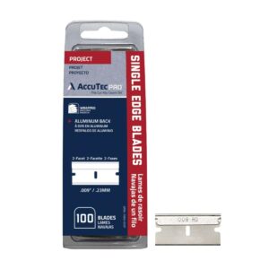 accutec pro single edge aluminum backed razor utility blades with display - 100-pack - .009" made of high carbon steel for edge flexibility and durability - apbl-7065