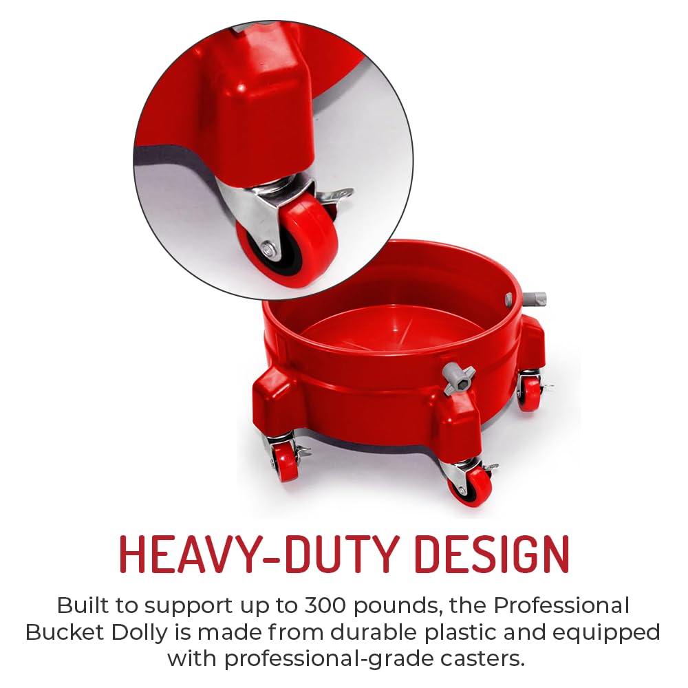 Heavy Duty Car Wash Bucket Dolly with Wheels | 360° Rolling Caddy for 3.5 to 7 Gallon Buckets | Soap Holder, Pail Stand | Supports Up to 300 lbs (Red)