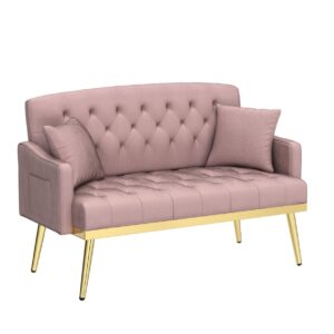 Antetek Upholstered Velvet Loveseat Sofa, Modern Small Sofa Couch with Side Pocket and Golden Metal Legs, Tufted Leisure Sofa for Living Room, Bedroom, Office, Pink