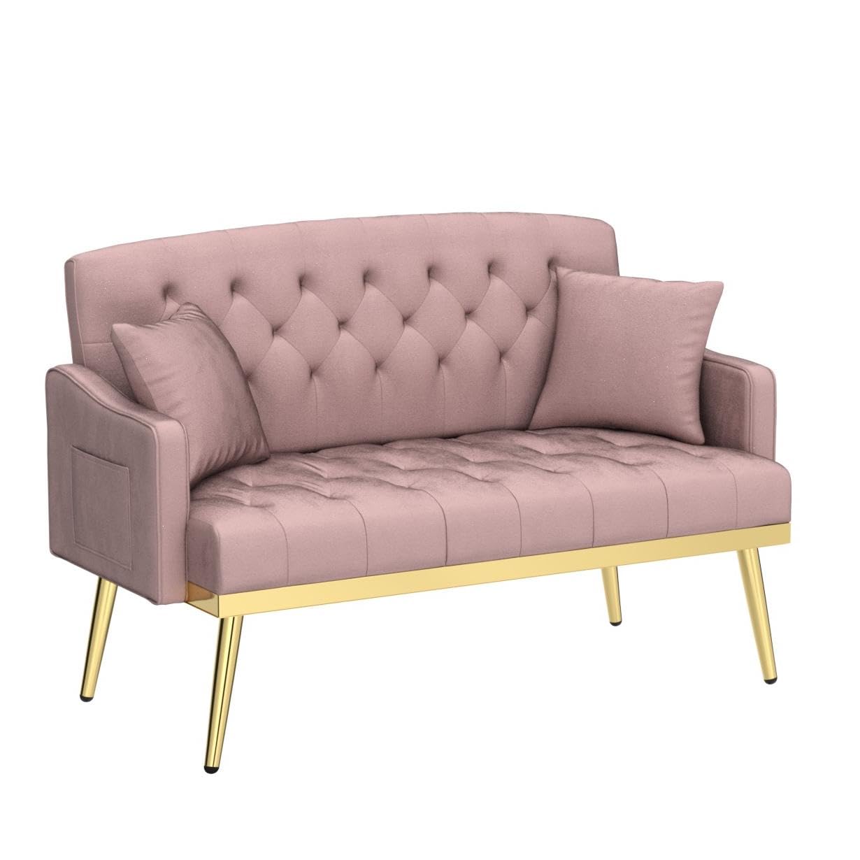 Antetek Upholstered Velvet Loveseat Sofa, Modern Small Sofa Couch with Side Pocket and Golden Metal Legs, Tufted Leisure Sofa for Living Room, Bedroom, Office, Pink