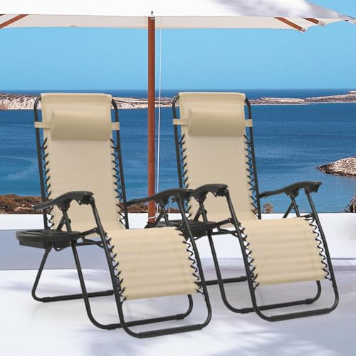 MoNiBloom Zero Gravity Chairs Set of 2 Outdoor Folding Patio Lounge Chairs for Outside Reclining Lawn Chairs Recliner Beach Chairs for Adults, Cream