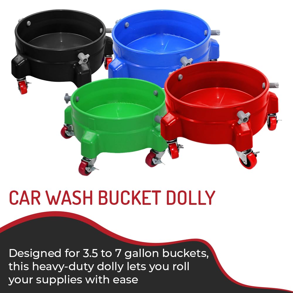 Heavy Duty Car Wash Bucket Dolly with Wheels | 360° Rolling Caddy for 3.5 to 7 Gallon Buckets | Soap Holder, Pail Stand | Supports Up to 300 lbs (Red)