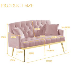 Antetek Upholstered Velvet Loveseat Sofa, Modern Small Sofa Couch with Side Pocket and Golden Metal Legs, Tufted Leisure Sofa for Living Room, Bedroom, Office, Pink