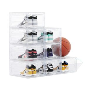 omopin us 15 clear entryway shoe storage boxes stackable xxl, 8 pack clear shoe boxes stackable for closet, drop front large plastic shoe containers collecting sneakers(clear 8 pack)