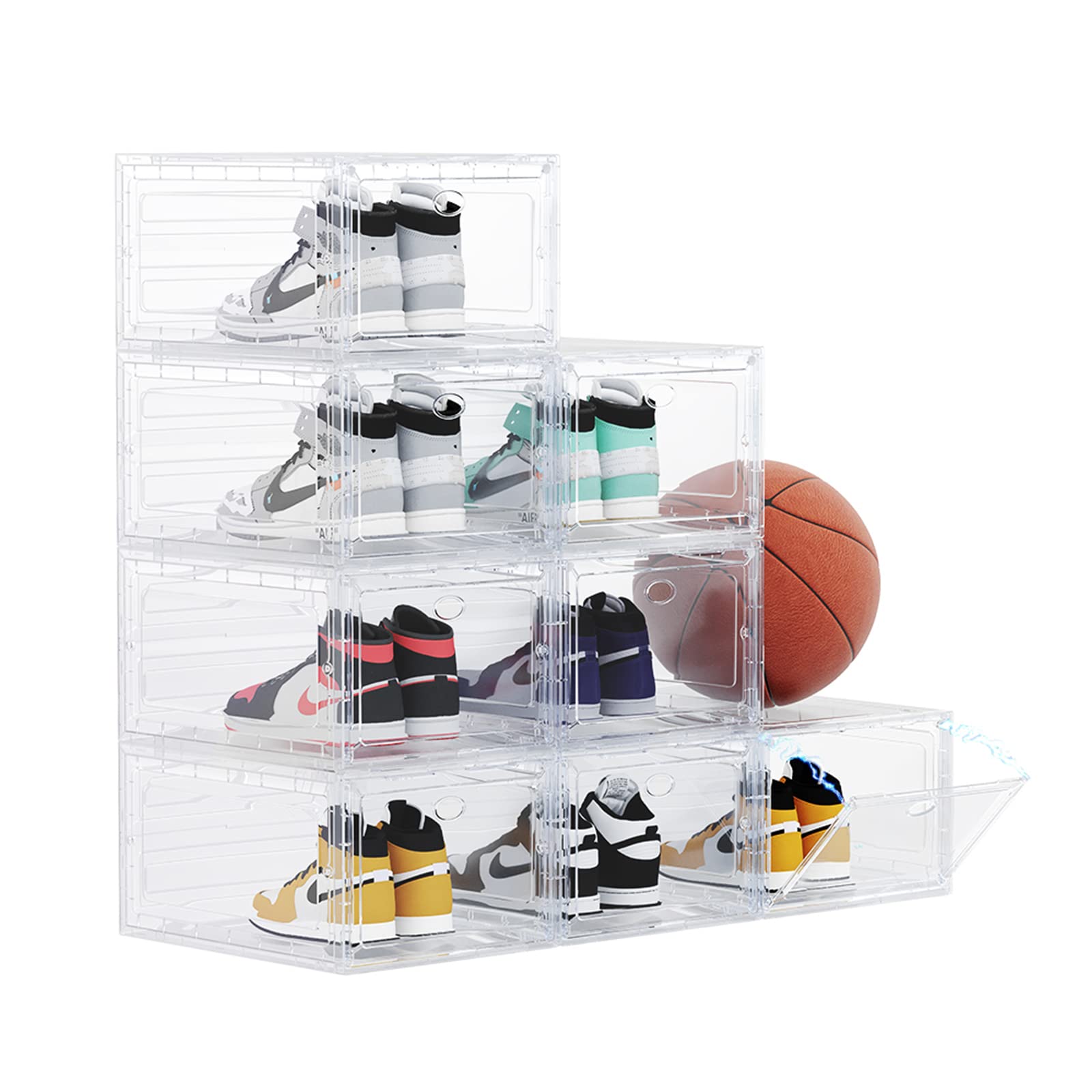 OMOPIN US 15 Clear Entryway Shoe Storage Boxes Stackable XXL, 8 Pack Clear Shoe Boxes Stackable for Closet, Drop Front Large Plastic Shoe Containers Collecting Sneakers(CLEAR 8 PACK)