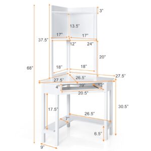 IFANNY Corner Computer Desk with Hutch, Triangle Corner Desk w/Keyboard Tray and Bookshelves, Corner Writing Desk with Storage Shelves, Small Corner Desks for Small Spaces (White)