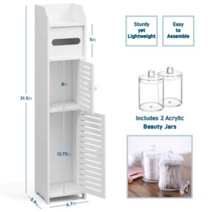 StorageBud Bathroom Storage Organizer - Floor Standing with Shelves - Includes 2 Apothecary Jars - Tall Bathroom Storage Cabinet for Toilet Paper, Towel & Other Bathroom Storage Accessories - White