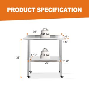 Sapodilla NSF Stainless Steel Worktables with Wheels, 36×24 Inches Commercial Heavy Duty Tables with Backplash and Adjustable Undershelf for Kitchen, Restaurant, Hotel and Garage