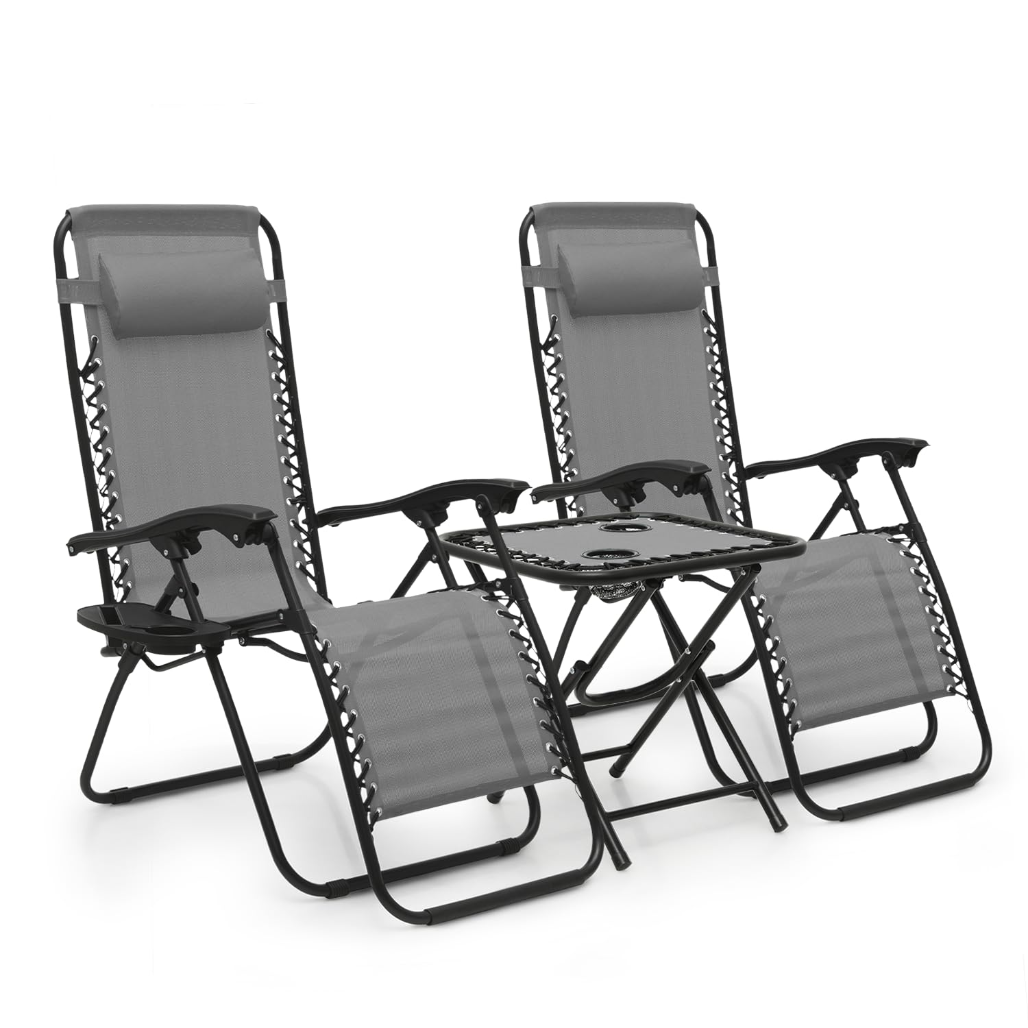 MoNiBloom Indoor/Outdoor Zero Gravity Chairs 3-Piece, Adjustable Folding Reclining Chairs with Folding Table, Pillow and Tray, Pool Patio Lawn Beach Vacation Lounger, 330lbs Capacity, Grey