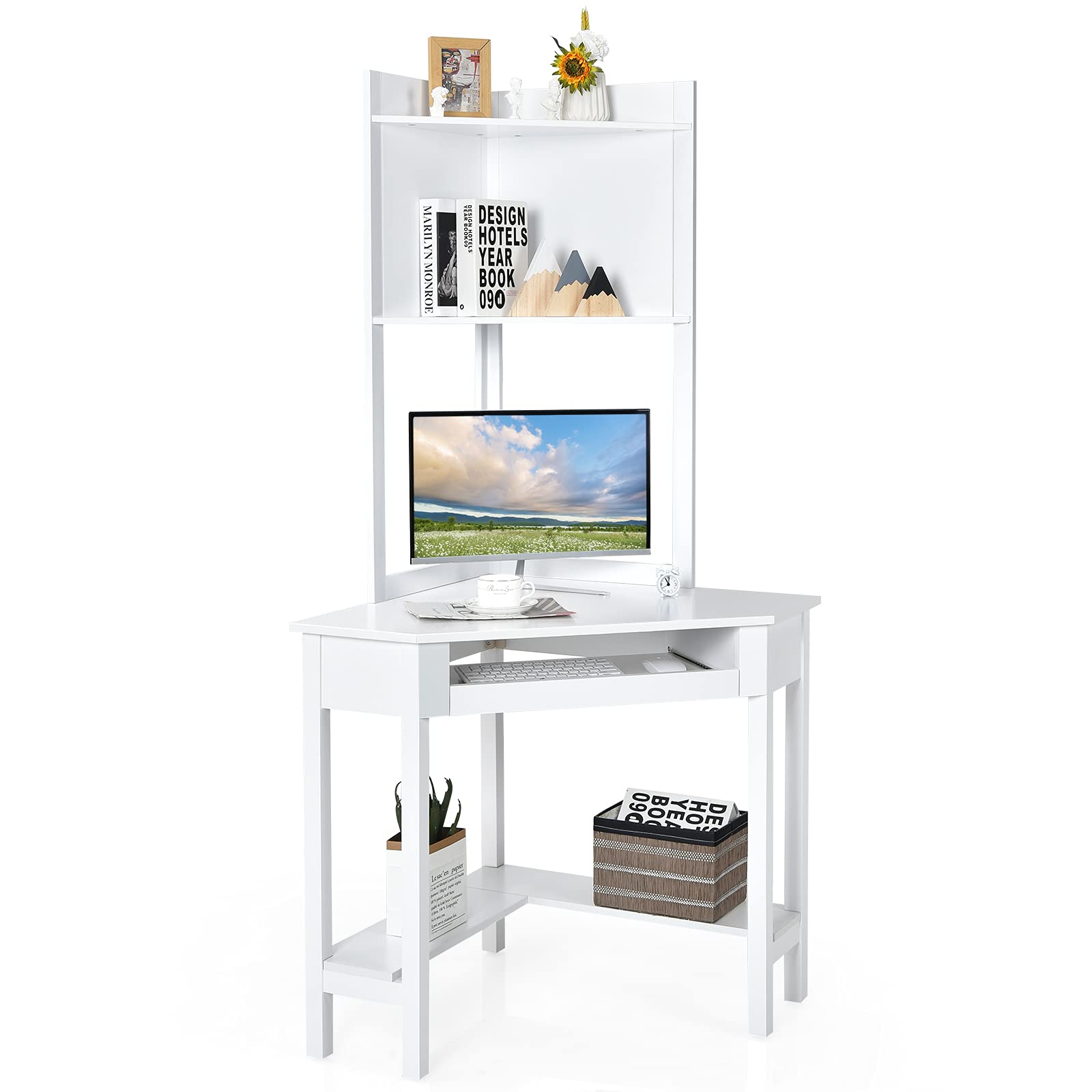 IFANNY Corner Computer Desk with Hutch, Triangle Corner Desk w/Keyboard Tray and Bookshelves, Corner Writing Desk with Storage Shelves, Small Corner Desks for Small Spaces (White)