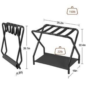 AMHANCIBLE Luggage Rack, Set of 2, Foldable Suitcase Stands for Guest Room, Metal Luggage Holder with Storage Shelf for Bedroom, Hotel, Easy Assemble, Black HLR02BK