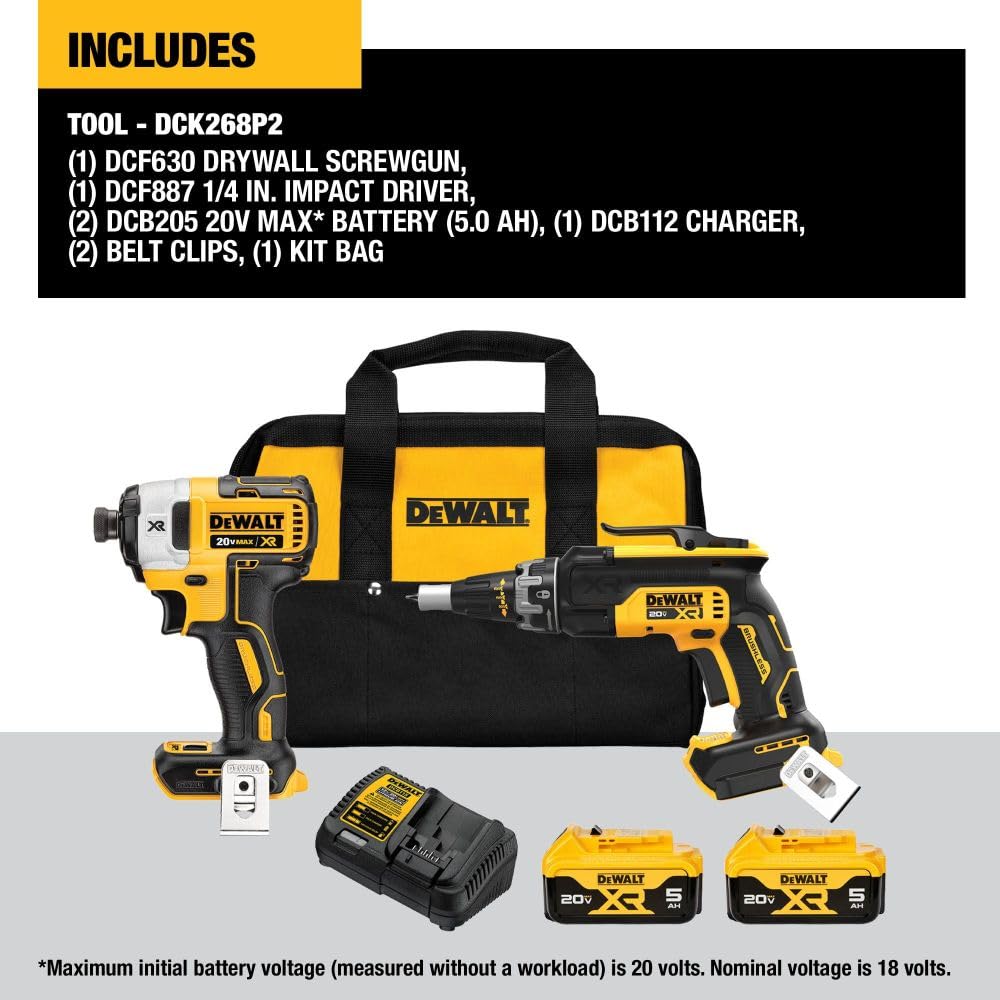 DEWALT 20V MAX XR Drywall Screw Gun and Impact Driver, Power Tool Combo Kit, 2 Batteries and Charger Included (DCK268P2)