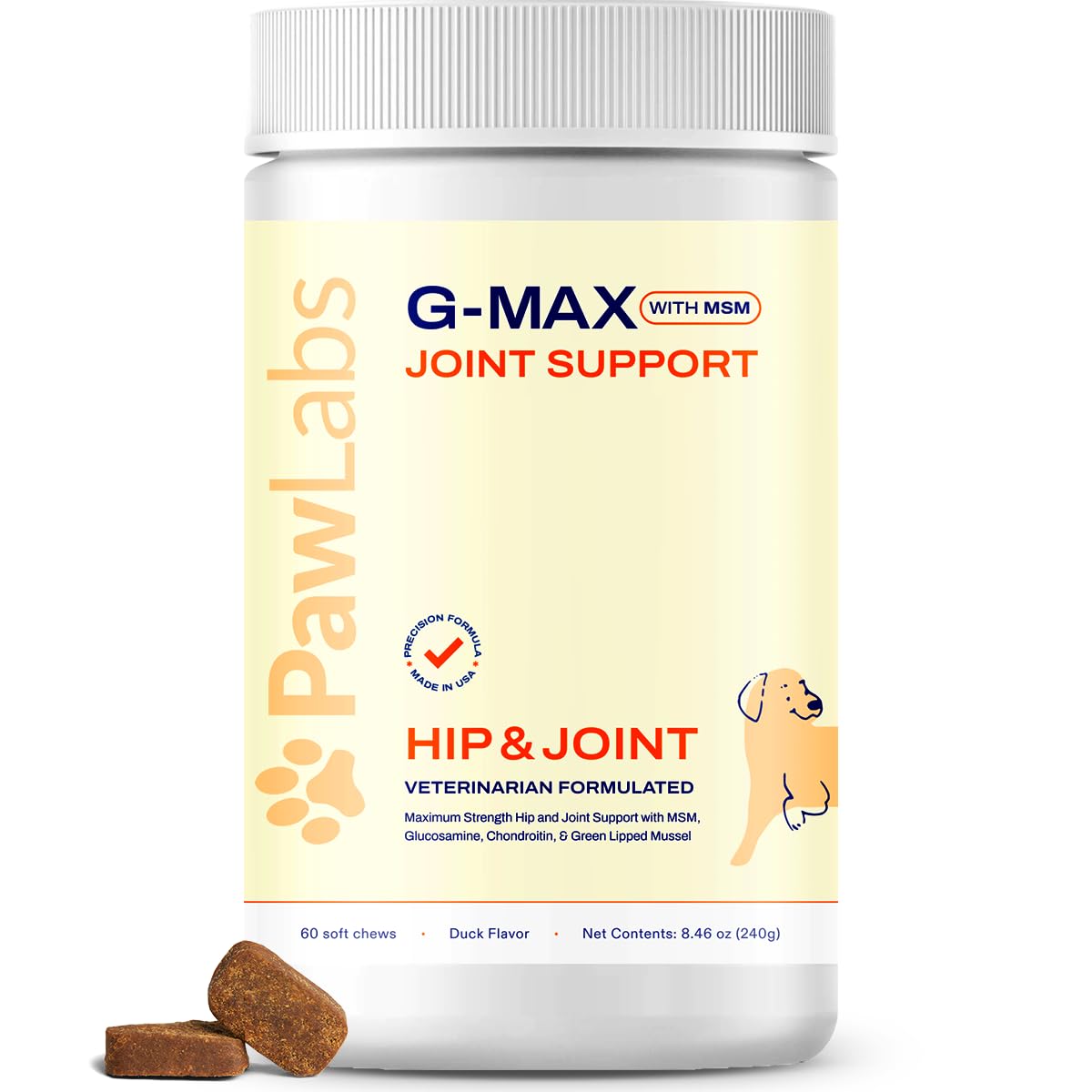 PAWLABS G-Max Joint Support for Dogs - Maximum Strength Hip & Joint Supplement with Glucosamine, Chondroitin, MSM, Green-Lipped Mussel - Relieves Arthritis Pain & Hip Dysplasia - Duck Flavor, 60 Chews