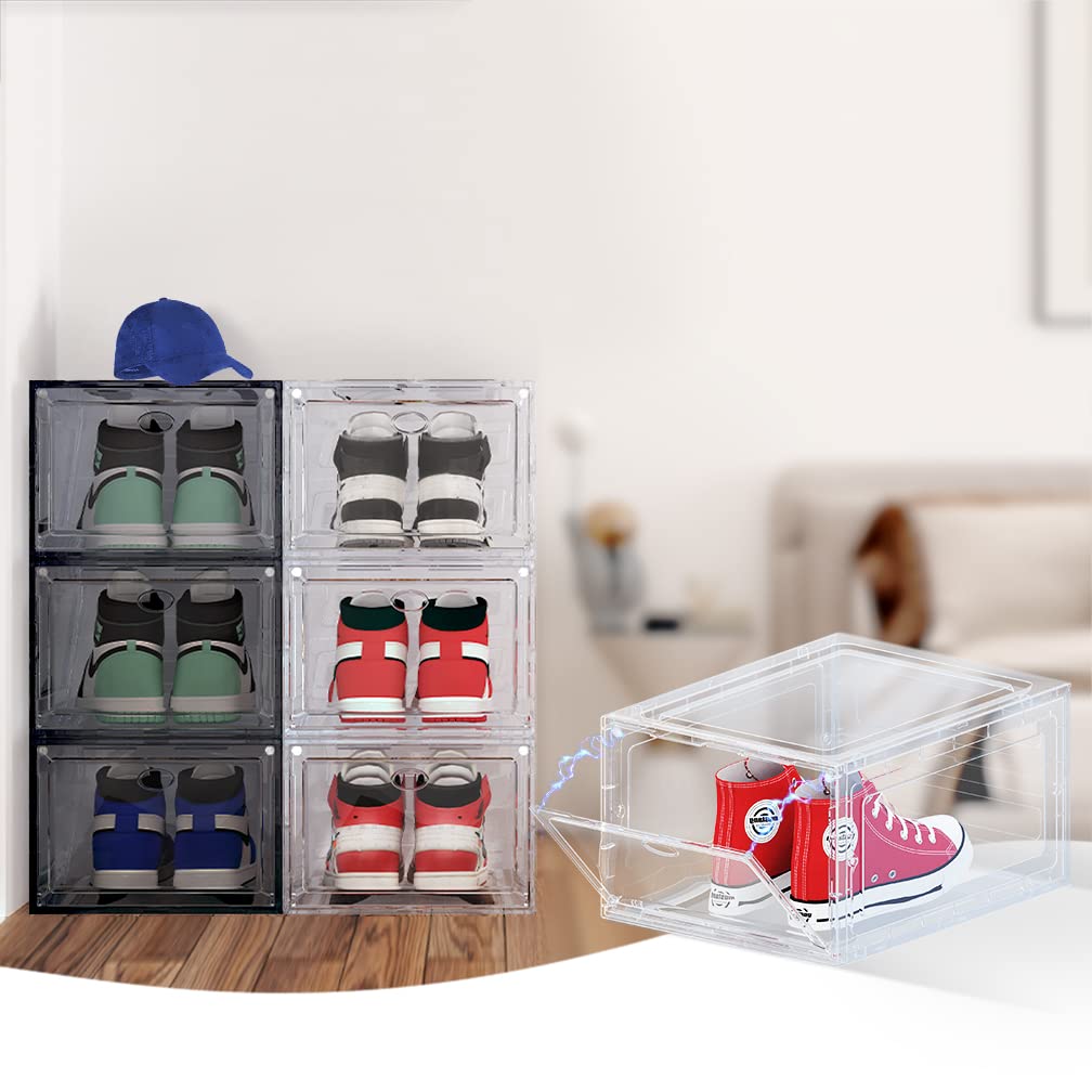 OMOPIN US 15 Clear Entryway Shoe Storage Boxes Stackable XXL, 8 Pack Clear Shoe Boxes Stackable for Closet, Drop Front Large Plastic Shoe Containers Collecting Sneakers(CLEAR 8 PACK)