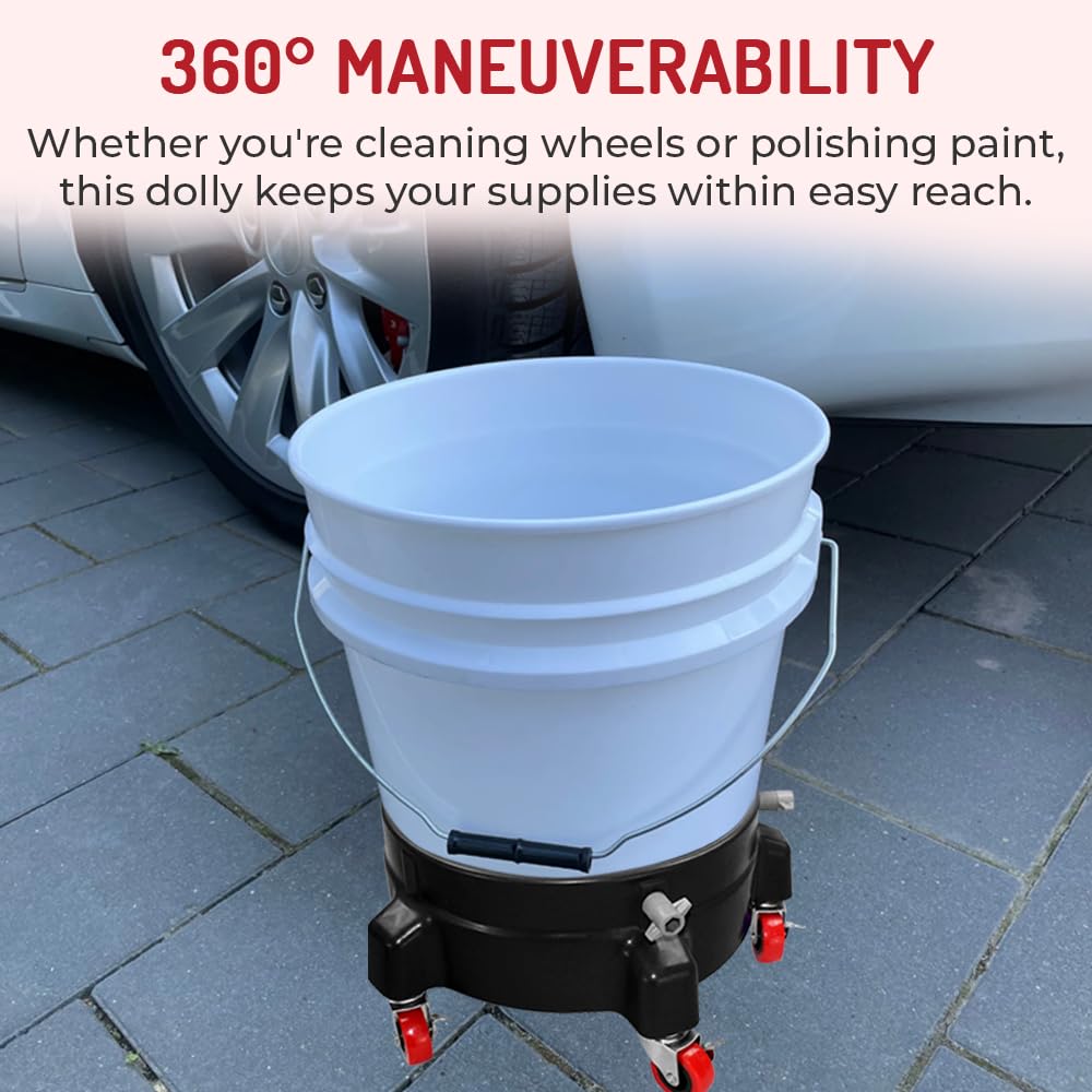 Heavy Duty Car Wash Bucket Dolly with Wheels | 360° Rolling Caddy for 3.5 to 7 Gallon Buckets | Soap Holder, Pail Stand | Supports Up to 300 lbs (Red)