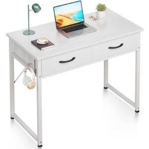 odk small desk with fabric drawers- for bedroom, white vanity desk with storage, home office computer desk for small spaces, 32 inch modern work writing study table, white