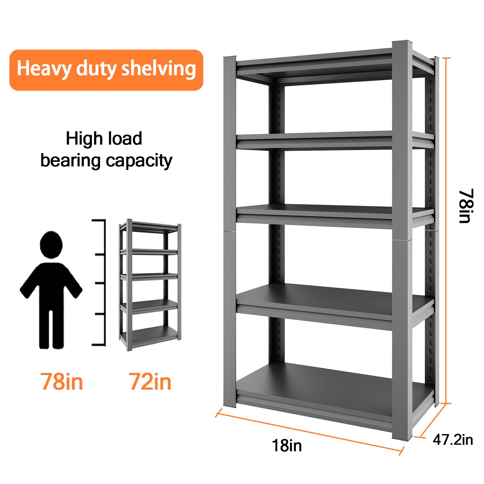 Leariso Garage Shelving Unit, 78" H Garage Storage Shelves Adjustable Heavy Duty Shelving, Metal Shelving Storage Racks Shelves for Storage Warehouse Basement Kitchen, 5-Tier,47.2" W x 18" D x 78" H