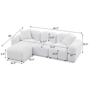 Taiweny Convertible Modular Sectional Sofa, Boucle Fabric L-Shaped Modern Bubble Couch with Ottoman, 3-Seater Sherpa Teddy Sofas for Living Room Apartment, 94”, White