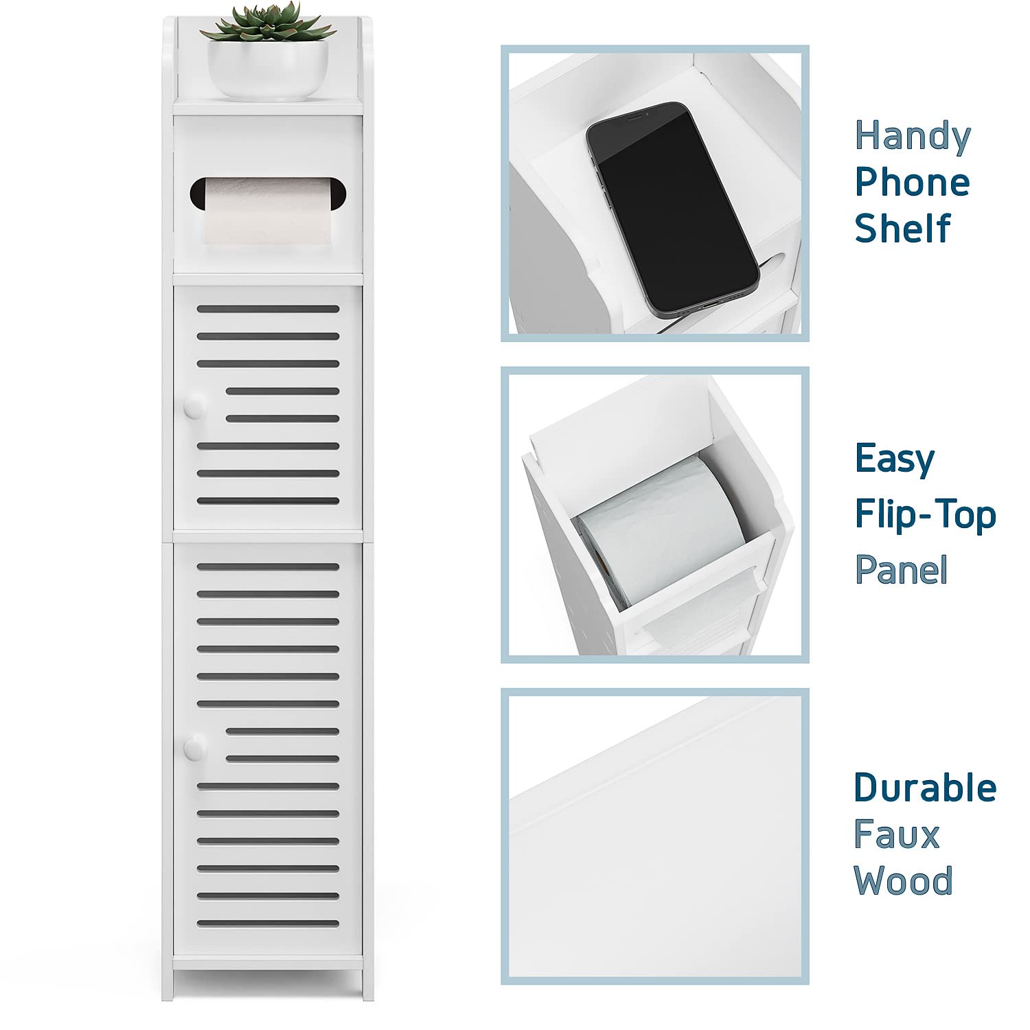 StorageBud Bathroom Storage Organizer - Floor Standing with Shelves - Includes 2 Apothecary Jars - Tall Bathroom Storage Cabinet for Toilet Paper, Towel & Other Bathroom Storage Accessories - White