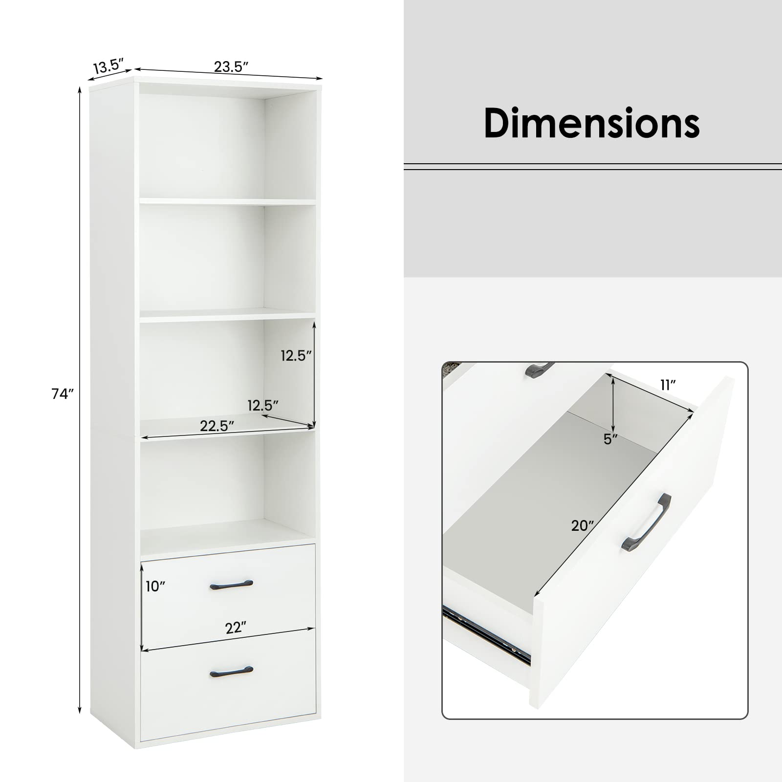 Tangkula 4 Shelf Bookcase with 2 Drawers, 74 Inch 4 Tiers Tall Open Bookshelf with 2 Slide-Out Drawers, Anti-toppling Device, Freestanding Wood Storage Shelf for Home Office (White, 74" H)