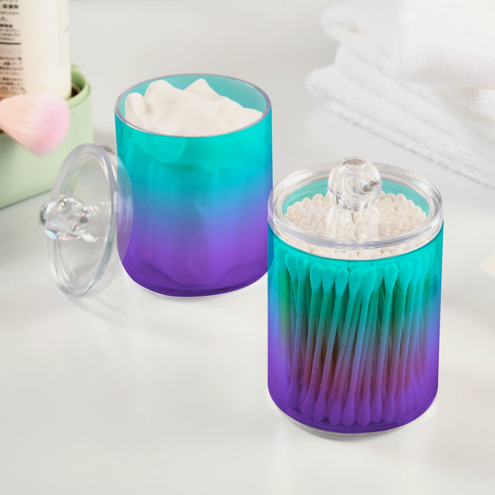 Bright Turquoise Purple Qtip Dispenser Apothecary Jars Bathroom Qtip Holder Storage Canister Plastic Jar 10 Oz for Cotton Ball Swab Round Pads Floss 4pcs