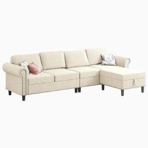 Mjkone L Shaped Sofa Couch, 4-Seat Oversized Sectional Sofa for Living Room, Convertible Modular Sofa with Storage Ottoman, Reversible Chaise with Footstool, Furniture Settee with Pouf - Beige