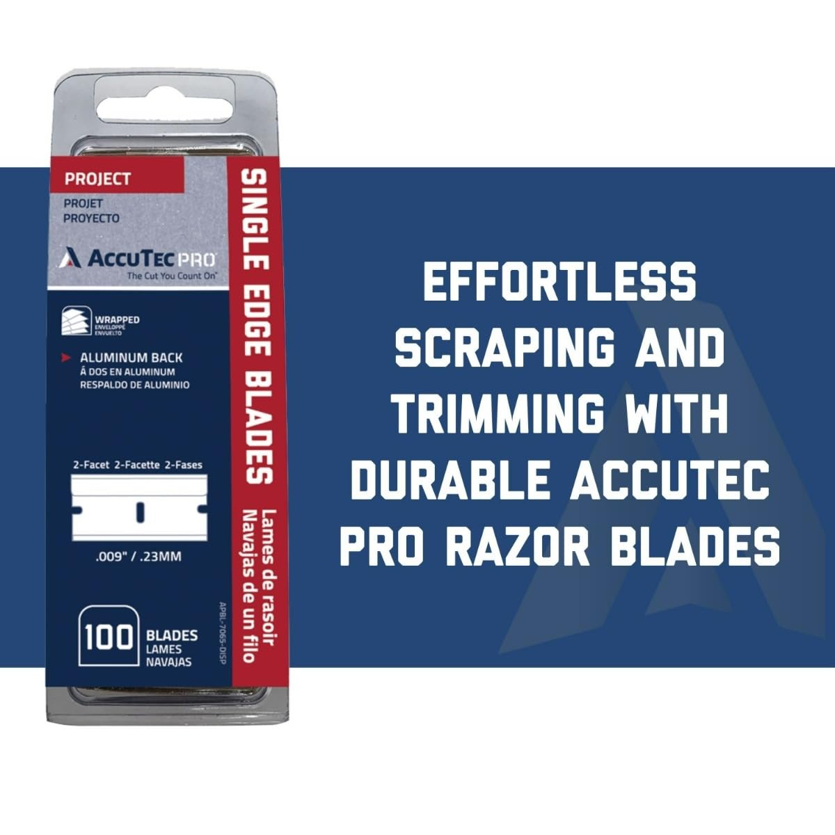 AccuTec Pro Single Edge Aluminum Backed Razor Utility Blades with Display - 100-Pack - .009" Made of High Carbon Steel for Edge Flexibility and Durability - APBL-7065