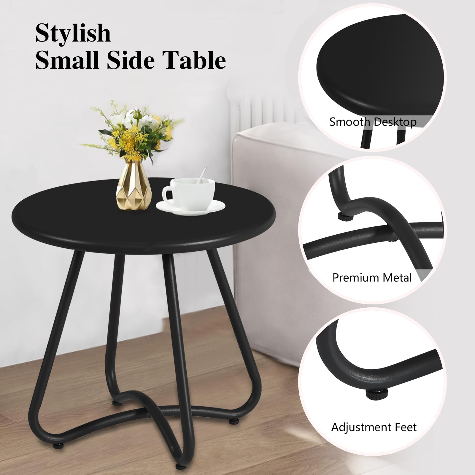 YIYAN Outdoor Side Tables, Resistant Steel Patio Side Table,Small Round End Table for Patio Balcony Porch Garden (Black)