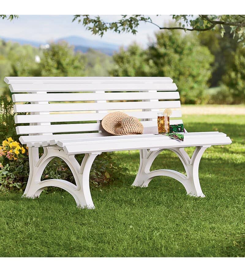 Plow & Hearth Weatherproof German PVC Outdoor Bench | 3-Seat | Holds Up to 500 lbs | Garden Patio Porch Park Deck | Steel and Resin (White)